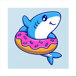 Cute Shark With Doughnut Cartoon Posters and Art